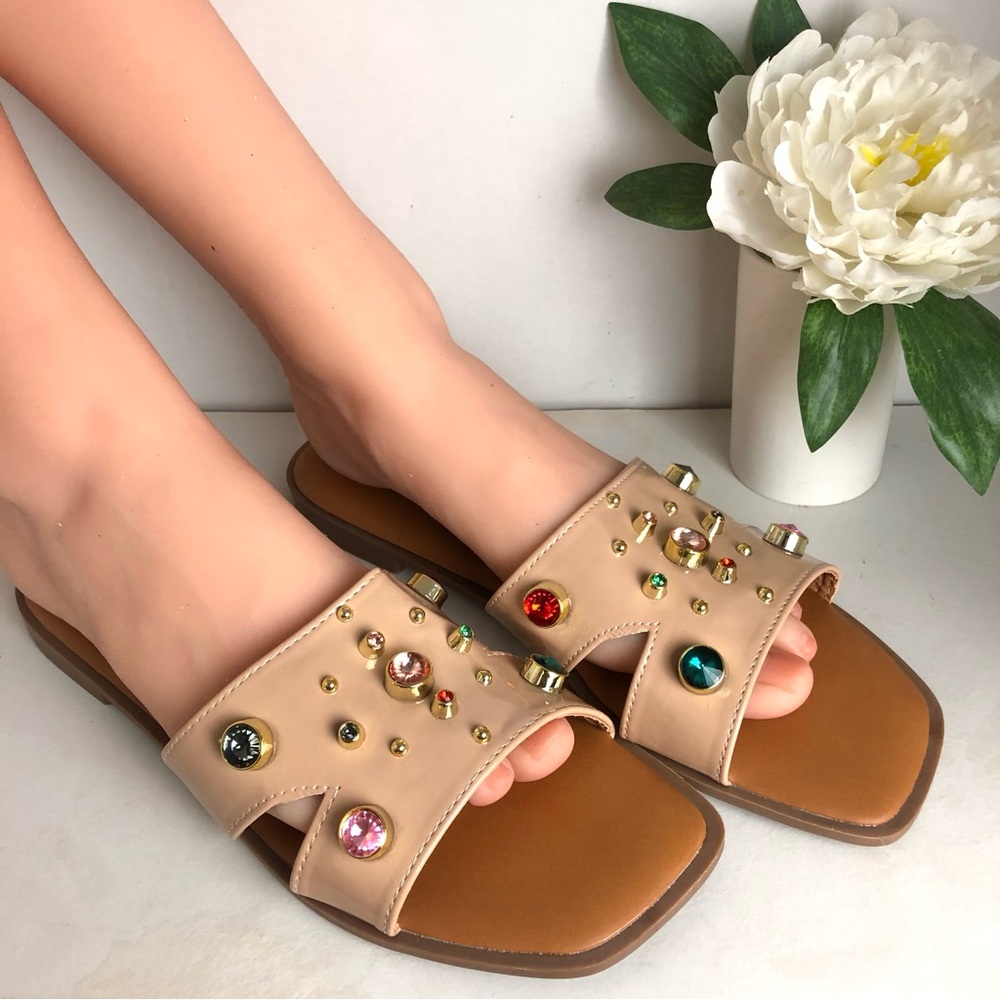 SIZE 11 Beige Embellished Colorful Gem Diamonds Open Toe Flat Slide Sandals